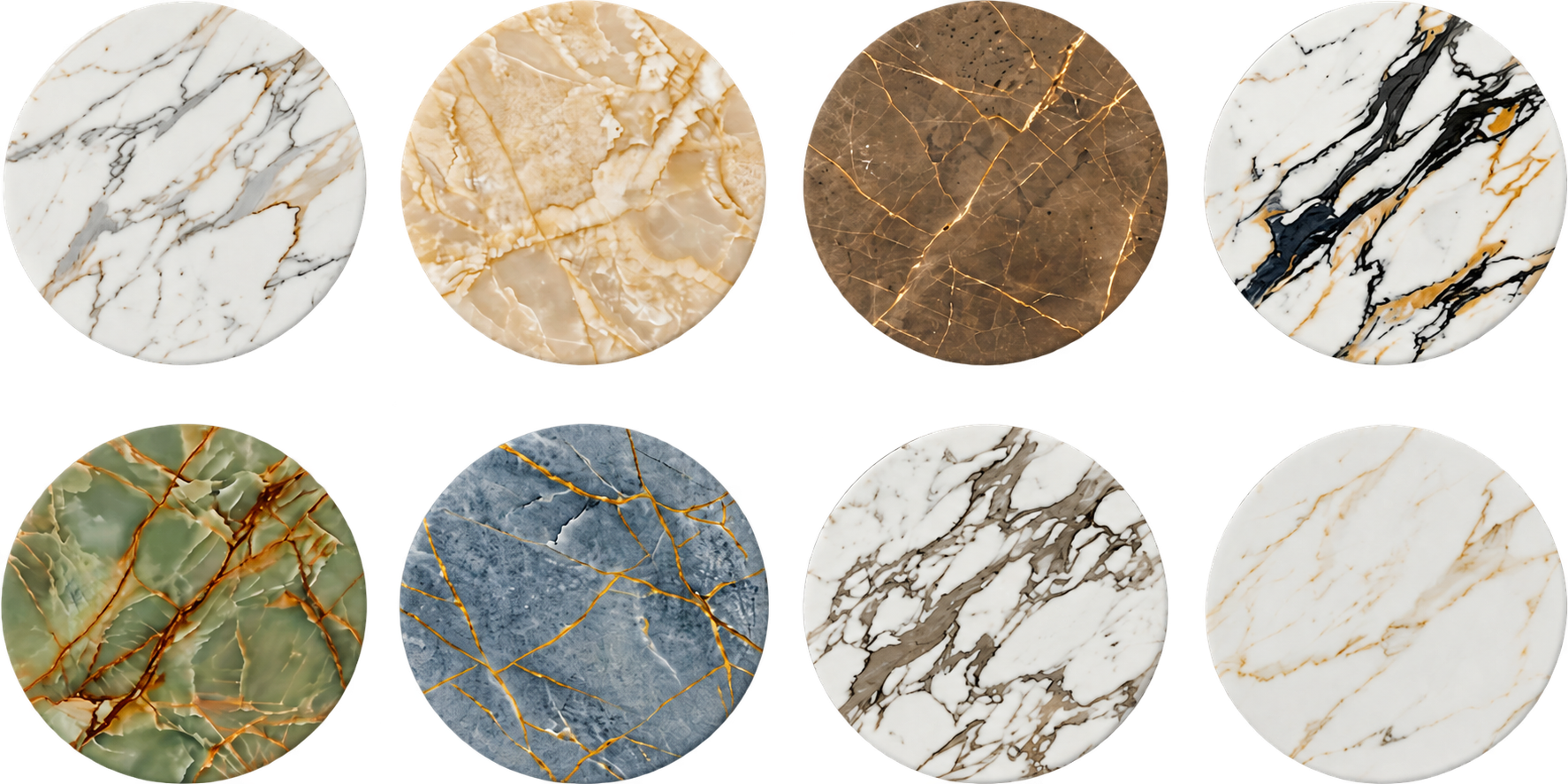 Keramik-Oberflächen Übersicht – Calacatta Gold, Taj Mahal, Pulpis, San Simone, Amazonico, Azure, Arabesque, Abu Dhabi White